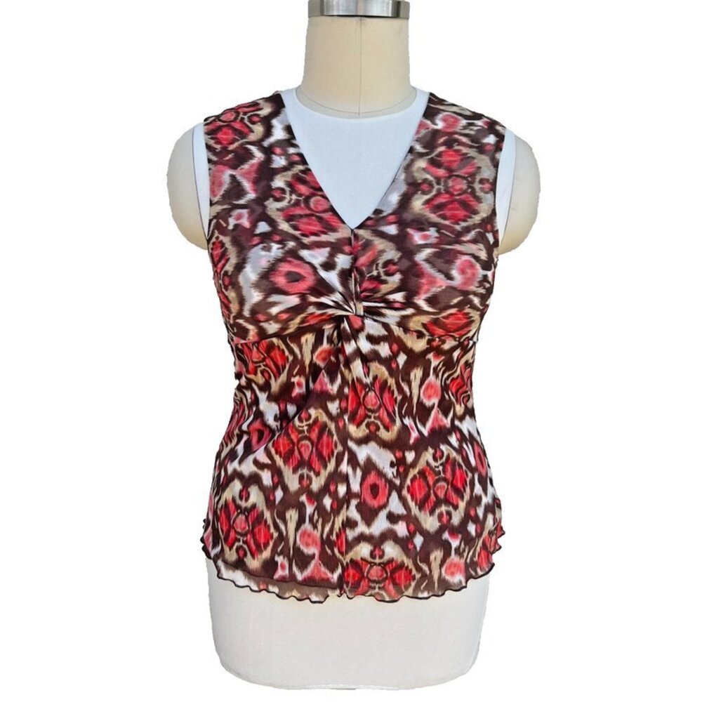Women's XL Tank Blouse Willi Smith VNeck Stretch Abstract Ikat Lettuce Edge Hem